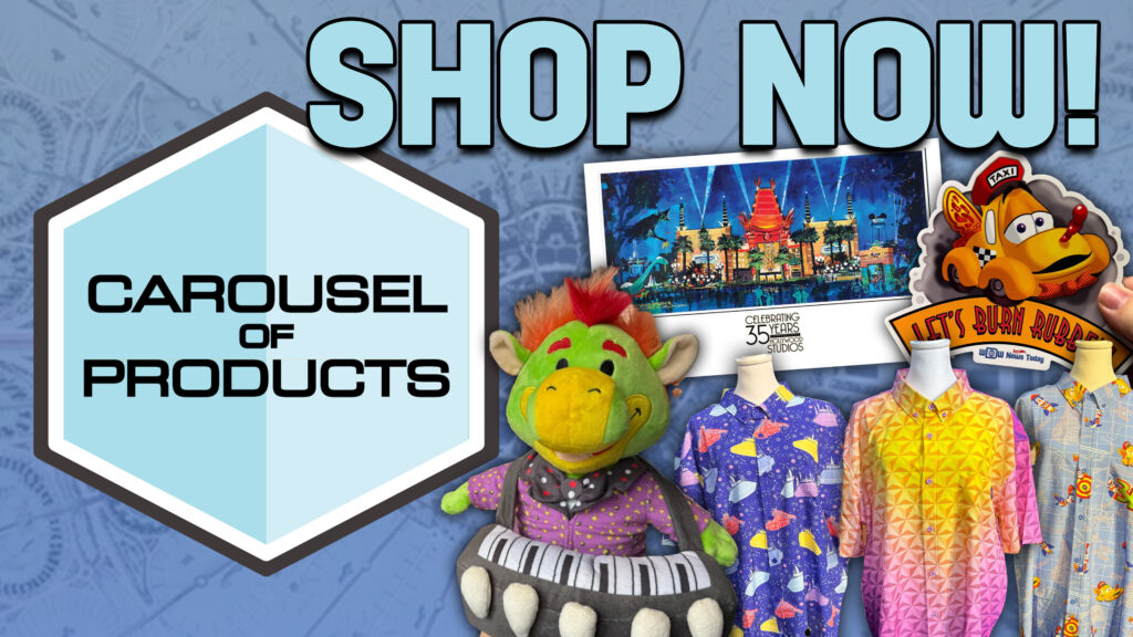 Shop Now! Carousel of Products logo, colorful shirts, plush toys, and theme park merchandise on a blue background.